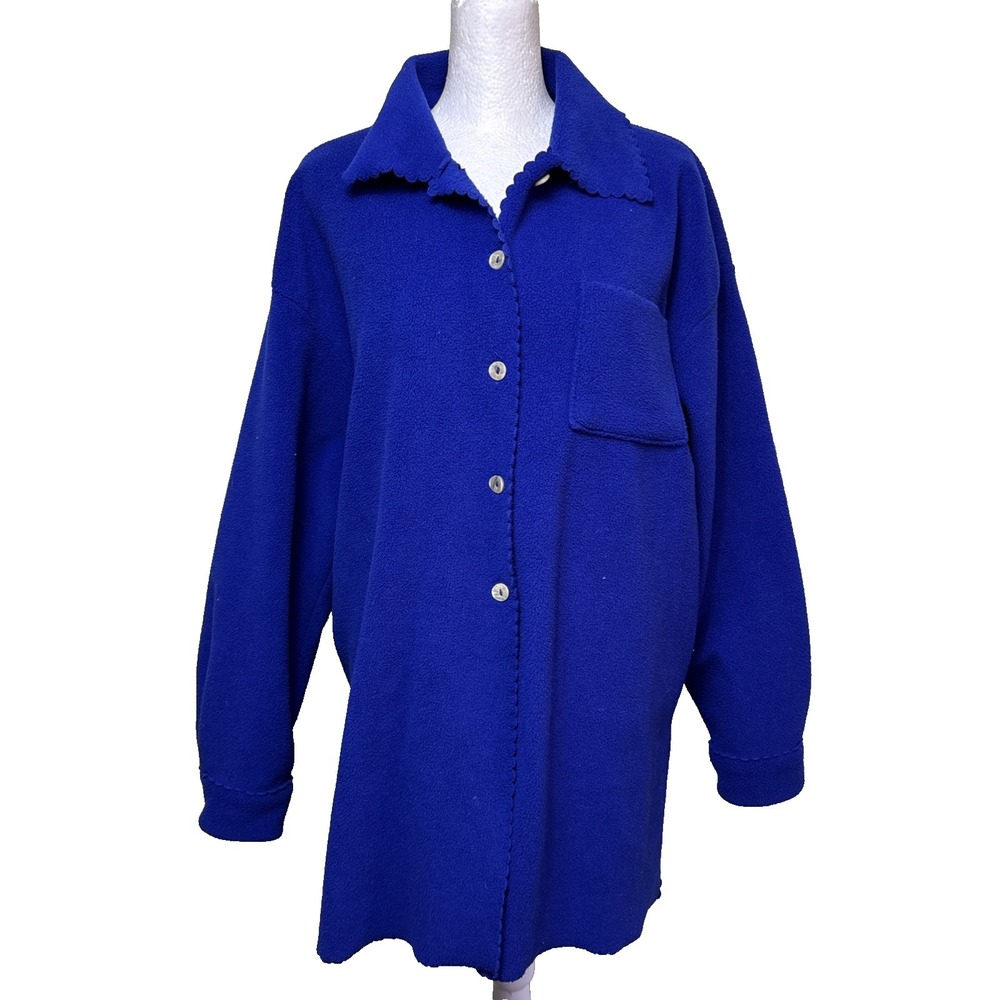Vintage 90s Express Athletique Blue Fleece Jacket Button Up Women M Scalloped